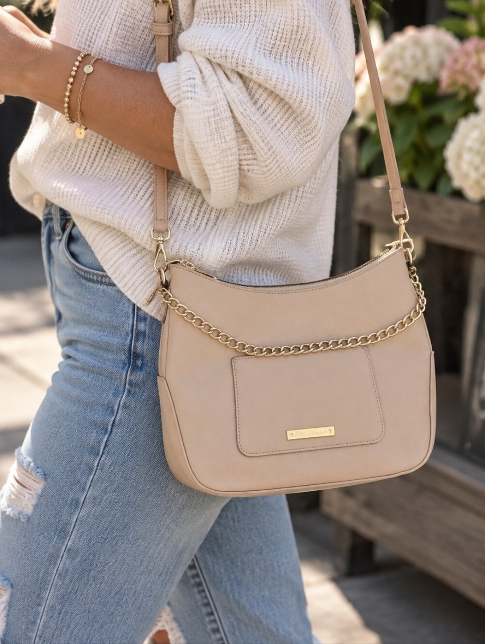Betsey Johnson Nude Pink Chain-Accent Shoulder Bag